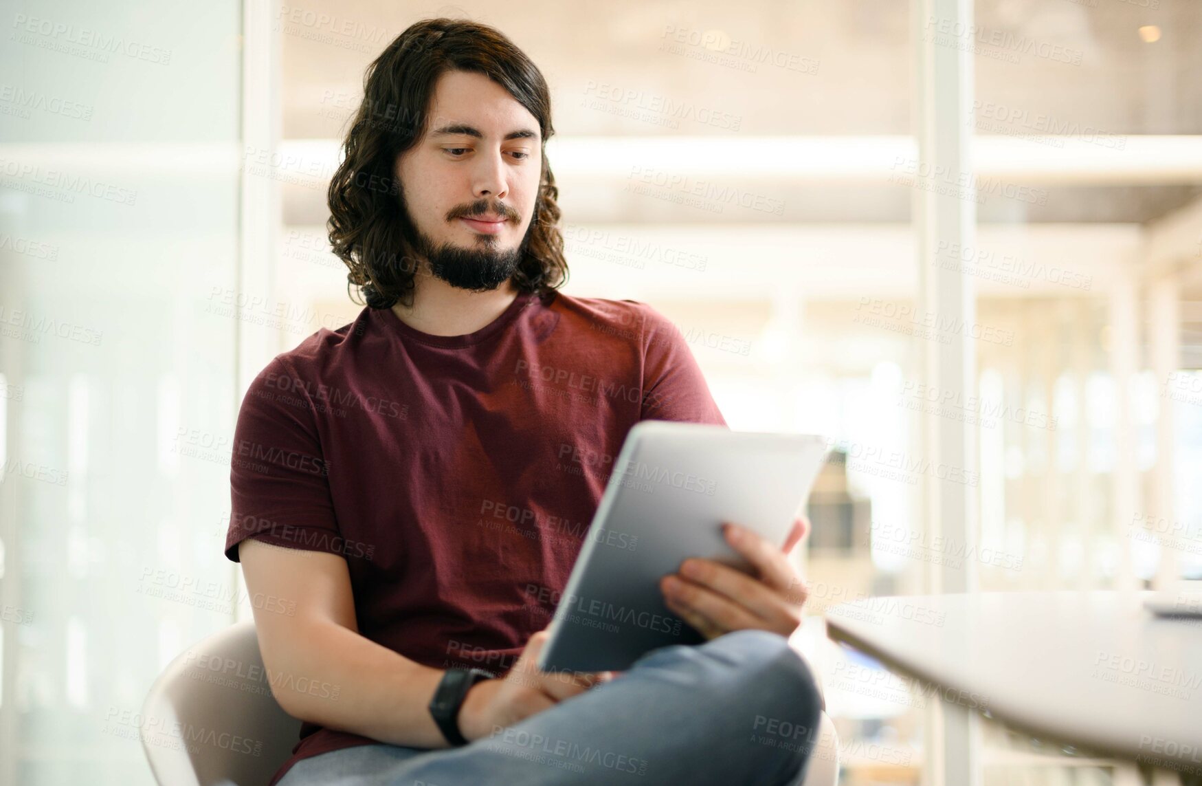 Buy stock photo Person, tablet and reading for web design research, ideas and vision for it programming algorithm. Coder, designer or software developer man on technology for communication, social media and iot app