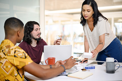 Buy stock photo Group, discussion and laptop for research, online and collaboration for web design, smile and office. Boardroom, men and woman with diversity, communication and people with teamwork and planning