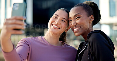 Buy stock photo Fitness, selfie and women with smile, outdoor and laugh together after physical activity and memory. Happy people, profile picture and friends on exercise break, photography and wellness in city