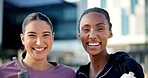 Athlete, portrait and women with smile, outdoor and laugh together after physical activity or health. Happy people, connection and friends post exercise, resting and fitness for wellness in city