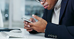 Businessman, reading and hands with phone in office, accountant or communication with contact on app. Bookkeeping, online and person with mobile, internet connection and networking on social media