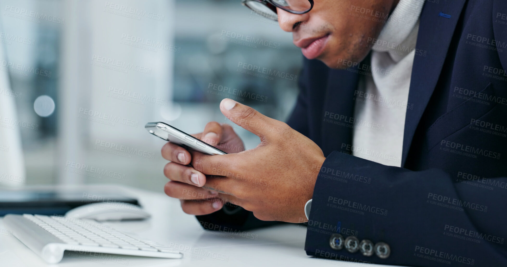 Buy stock photo Businessman, reading and hands with phone in office, accountant or communication with contact on app. Bookkeeping, online and person with mobile, internet connection and networking on social media