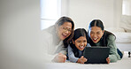 Laugh, floor and tablet with women in family home for streaming service, parental control and happy. Age rating movie, support and generations with grandmother, kid and mother in house for comedy