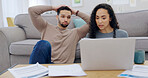 Bills, laptop or couple in home with stress, inflation or cost of living crisis with budget pressure. Computer, man and woman in house with debt, negative financial impact and credit score damage