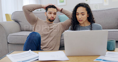 Buy stock photo Bills, laptop or couple in home with stress, inflation or cost of living crisis with budget pressure. Computer, man and woman in house with debt, negative financial impact and credit score damage