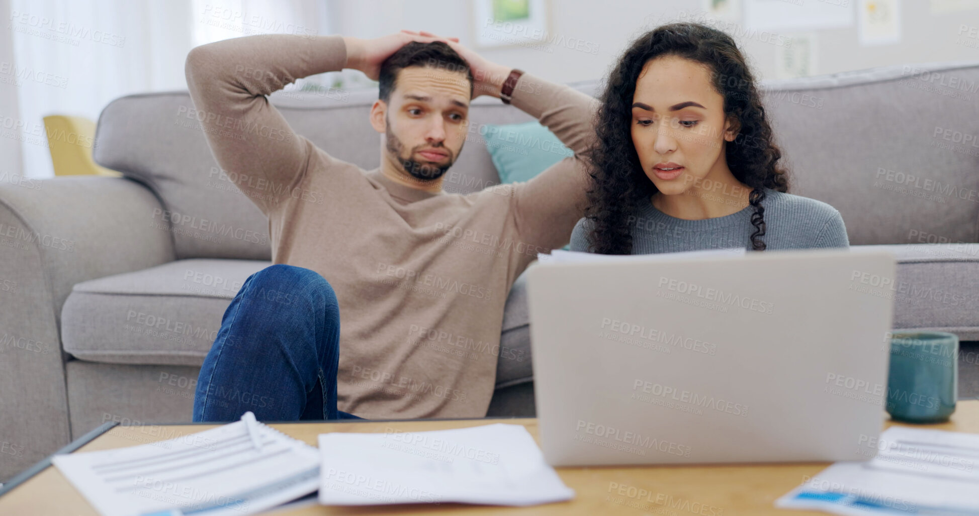 Buy stock photo Bills, laptop or couple in home with stress, inflation or cost of living crisis with budget pressure. Computer, man and woman in house with debt, negative financial impact and credit score damage