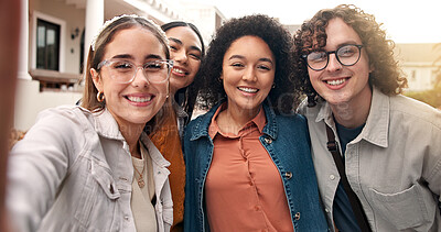 Buy stock photo University, portrait and selfie with friends, education or picture for academic milestone or memory. Outdoor, photography POV and happy people with scholarship on college campus and bonding together