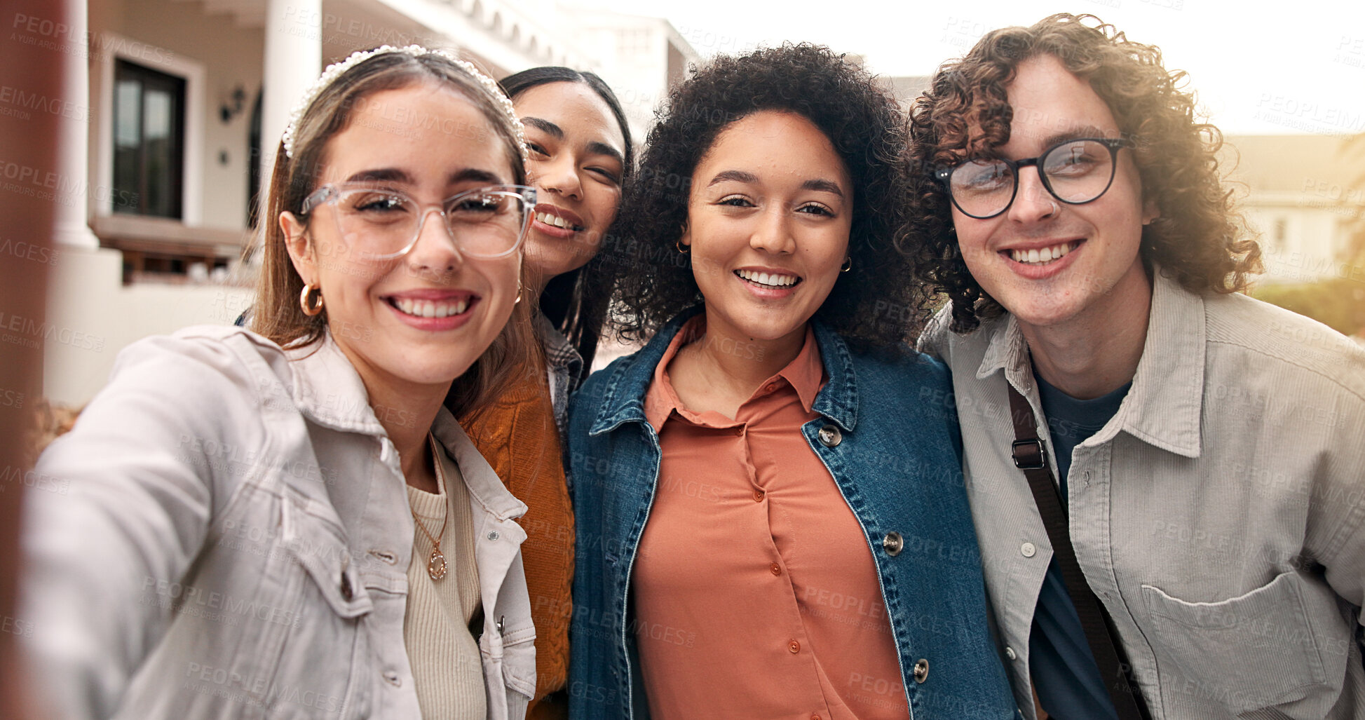 Buy stock photo University, portrait and selfie with friends, education or picture for academic milestone or memory. Outdoor, photography POV and happy people with scholarship on college campus and bonding together