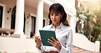 Professor, online and woman with tablet at university, scroll and reading academic schedule on web. Outdoor, educator and happy mature person with tech, browsing and educational research on campus