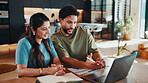 Finance, man and happy couple with laptop in home for final loan payment, account balance or support. Budget, people and smile with tech for settlement letter, positive credit score or smart spending