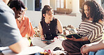 Woman, tablet and study group in college with smile, education support and exam preparation together. Happy, people and students outdoor on campus with tech, books or learn for university assignment.