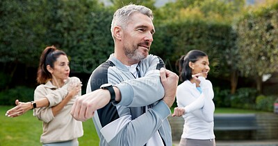 Buy stock photo Man, stretching and personal trainer in backyard with fitness class, lesson and prepare for workout. Mature person, exercise coach and group outdoor with warm up for training, vitality and wellness.