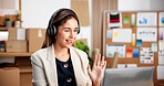 Laptop, wave or happy woman with headphones in office for logistics, online meeting or discussion. Female person, agent or consultant with smile on computer for small business webinar or virtual chat