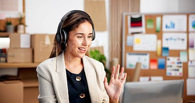 Buy stock photo Laptop, wave or happy woman with headphones in office for logistics, online meeting or discussion. Female person, agent or consultant with smile on computer for small business webinar or virtual chat