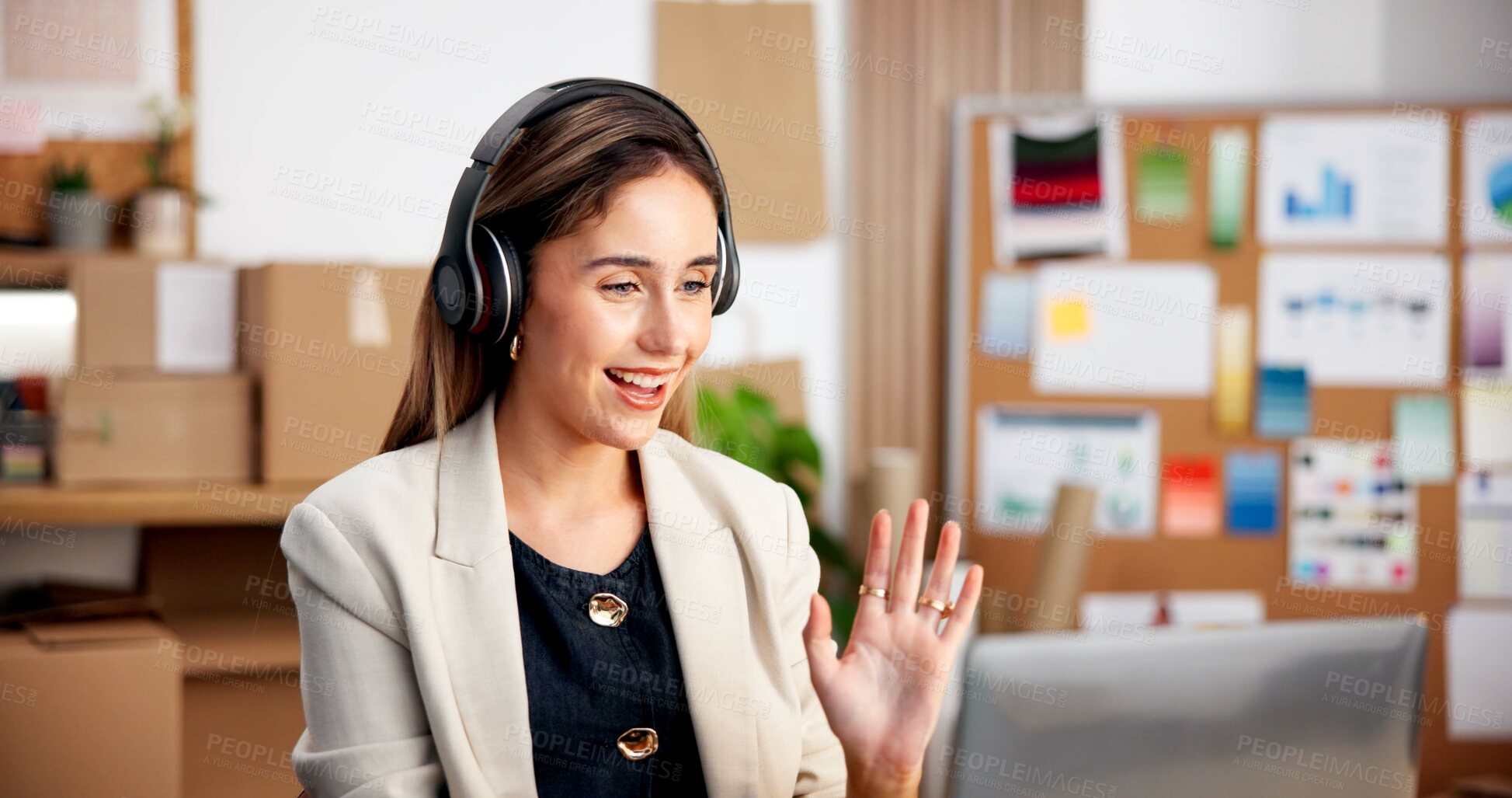 Buy stock photo Laptop, wave or happy woman with headphones in office for logistics, online meeting or discussion. Female person, agent or consultant with smile on computer for small business webinar or virtual chat