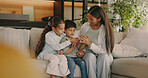 Happy, toys and children with mom on sofa for bonding, connection and playing together on weekend. Family, home and mother with boy, girl and game for development, trust and relationship on couch