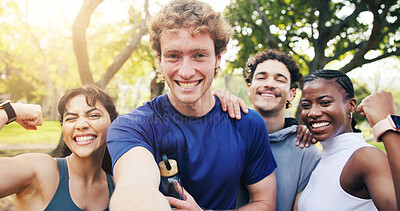 Buy stock photo Smile, friends and selfie at park for fitness memory, online post and flex for wellness progress. Flare, people or photo in portrait for exercise support, water break or health pride for social media