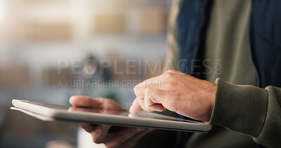 Buy stock photo Logistics, hands and scroll in office with tablet, ecommerce app and track shipping of online order. Man, research and browsing with digital tech for courier website, delivery update and supply chain