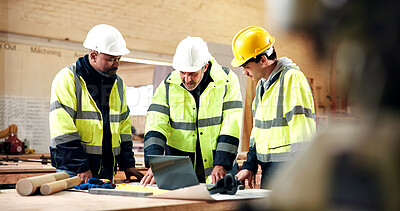 Buy stock photo Carpenter, team and men with blueprint in warehouse, talking and planning for furniture production. Engineer, collaboration and people with laptop, woodworking and project management with intern