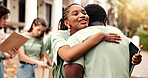 Smile, woman and hug outdoor for volunteering, gratitude and thank you for community service. Happy, people and embrace with tablet for appreciation, recognition and team success of welfare project