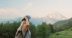 Woman using vr traveling. Woman looking through vr glasses