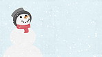 An animated snowman enjoying the winter snow falling down. A cgi snowman in the winter snow wearing a hat and scarf. Even snowmen get cold in the Christmas winter season.