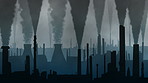 The environment becomes ruined by polluted smog from factories. A cgi rendering of various chimneys emitting polluted air. The factory refinery industry emits plumes of polluted smog and smoke