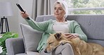 Senior woman watching tv and sitting on a couch with her pet dog. Retired serious woman relaxing at home on the weekend and bonding with her canine in the living room. Woman enjoying time alone 
