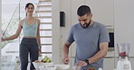 Handsome mixed race man making smoothies in the kitchen at home for him and his beautiful young girlfriend. Sporty couple making health shakes before their workout or exercise routine. Fitness life