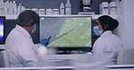 Coronavirus researchers analyzing organisms on a computer screen in a research lab. Scientists working together to find a Covid19 vaccine. Chemists discussing a microscopic image of cells in bacteria
