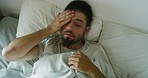 Restless insomniac feeling anxious while having a nightmare in bed. Scared man gets frighted and looks terrified after having a bad, horrific dream. Guy waking up with panic attack while lying down