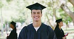 Portrait of a happy male student graduating from college or university, a proud moment in education and studies with copyspace. Smiling man excited about his future while celebrating a milestone 