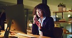 Young, angry and stressed businesswoman talking on phone call while trying to reach a deadline, complete a task or send emails in an office at work. Worker looking frustrated, mad and irritated