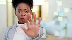 Black business woman gesturing to stop with hand. Fighting against racism, oppression and inequality in the workplace. Staying woke about discrimination, harassment and injustices to people of color