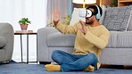 Young man with a VR headset getting scared while playing a game in a metaverse at home. Frightened gamer getting surprised while immersed in cyberspace with virtual reality and AI in a 3D simulation