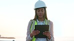 Portrait of professional young beautiful woman constructor.
Expert building instructor reading architectural plan before laying foundation. Planning and organizing construction layout during sunset.