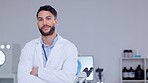 Portrait of a scientist smiling and looking confident in finding a virus cure. Medical researcher ready for a chemical science experiment and tests to make a breakthrough discovery in a science lab