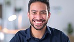 Marketing manager, business director and brand strategist feeling motivated and ambitious for success. Portrait of a happy entrepreneur smiling and laughing in office. Face of a confident executive