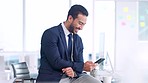 Laughing financial trader texting on phone, thinking and investing in stock trade or hedge fund business. Professional finance advisor analysing profit on technology and feeling successful and proud