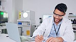 Cheerful, happy and excited scientist celebrating success after getting good news or positive feedback. Healthcare worker signing a document, feeling like a winner and making a medical breakthrough