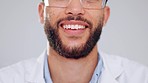 Happy, confident and smiling man closeup of his teeth whitening results. Mouth of a young bearded male doctor with a big smile on his face, feeling good after his orthodontist or dentist appointment