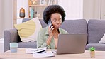 Business woman, professional and entrepreneur talking on phone while working remotely on laptop at home. Freelancer answering a call to chat, network and consulting with clients while planning notes