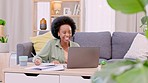 Business woman and professional entrepreneur talking on phone while remote working on laptop at home. Freelancer answering call to chat, network and consult with clients while writing notes. 