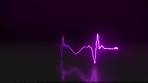 Purple digital cgi heart beat against black background. Animated electrocardiogram for video intro or presentation. 3D computer generated illustration of a heart inside of a heartbeat