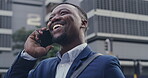 Closeup of smiling professional corporate businessman talking on the phone with client in urban city. Charming, confident executive employee in position of leadership taking call for company deal