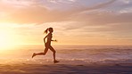 Fit and active jogger running by the ocean and beach shore with sunset sky background and copy space. Beautiful view of a sporty female athlete exercising or doing endurance workout outdoors