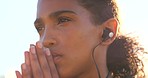 Fitness, exercise and focus face of woman with earphones ready to run outdoor in summer. Athlete thinking for workout motivation and training outdoor on daily cardio routine for wellness and health