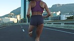 Woman fitness runner, night and city street workout for cardio fitness race or running competition. Motivation, goals and athlete doing endurance training exercise for distance marathon event in city