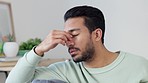 Stressed, sad and anxious man with headache, grief and breakup problem feeling loss, depressed and worried for debt. Tired, upset and frustrated guy thinking while sick, unhappy and in mental burnout