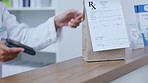 Tap to pay, NFC and simple payment with a credit card in a pharmacy, drugstore or medical clinic. Closeup of hands scanning, tapping and paying for medicine or chronic and prescription medication